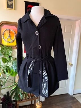 Y2K Goth LA Kitty Black Women's Belted Lightweight Cotton Coat+Zebra Print Belt
